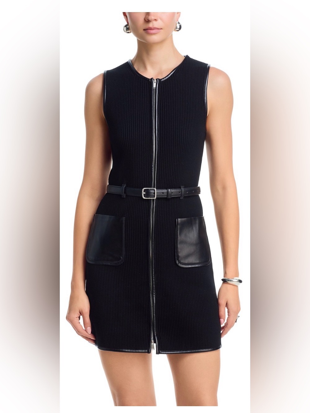 Sleeveless Black Zip-Front Dress with Waist Belt